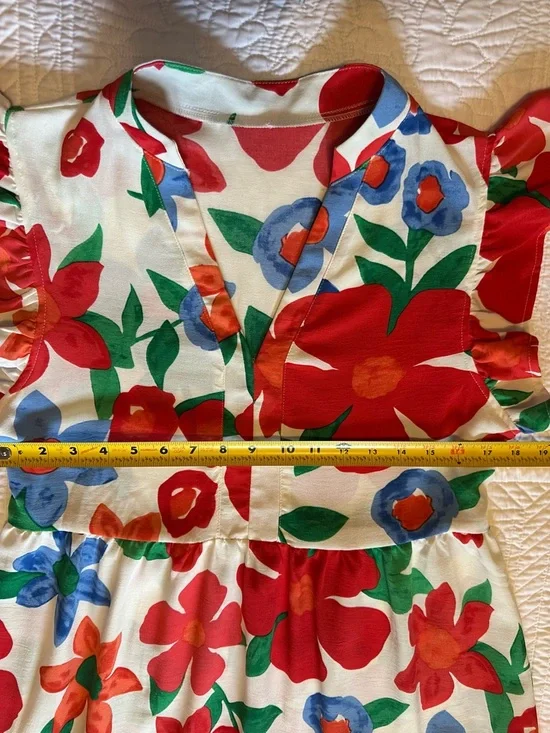 Floral Tiered Midi Dress in White with Red & Blue Blooms - Picture 6 of 9